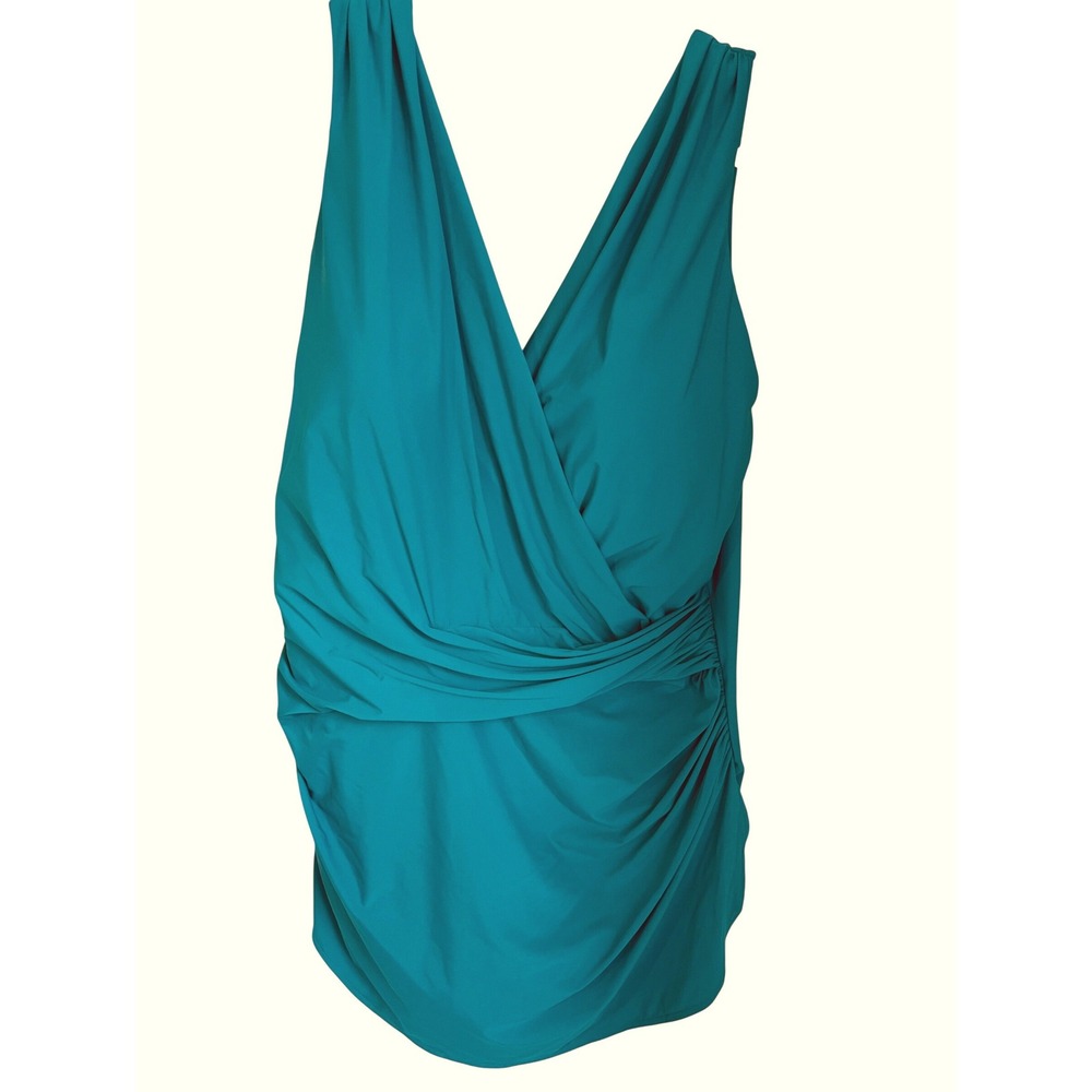Lands End 1pc Swimsuit Womens 24W DD Teal Blue Surplice Ruched Dress Front